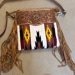 Tooled Leather Fringe Crossbody with Southwest Woven Panel in Tan & White